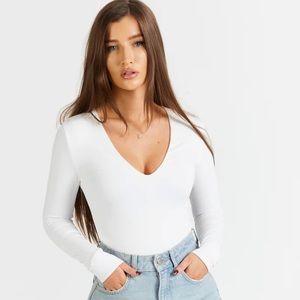 Long Sleeve V Neck Bodysuit in White from Because of Alice
